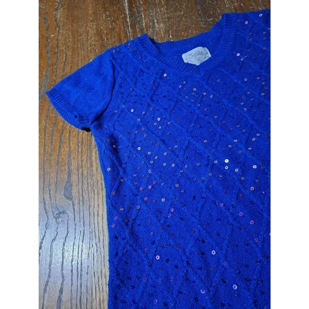 Sz 18 Justice Short Sleeve Blue Knit Sequin Sweater Tutu Dress Tulle Lined Skirt